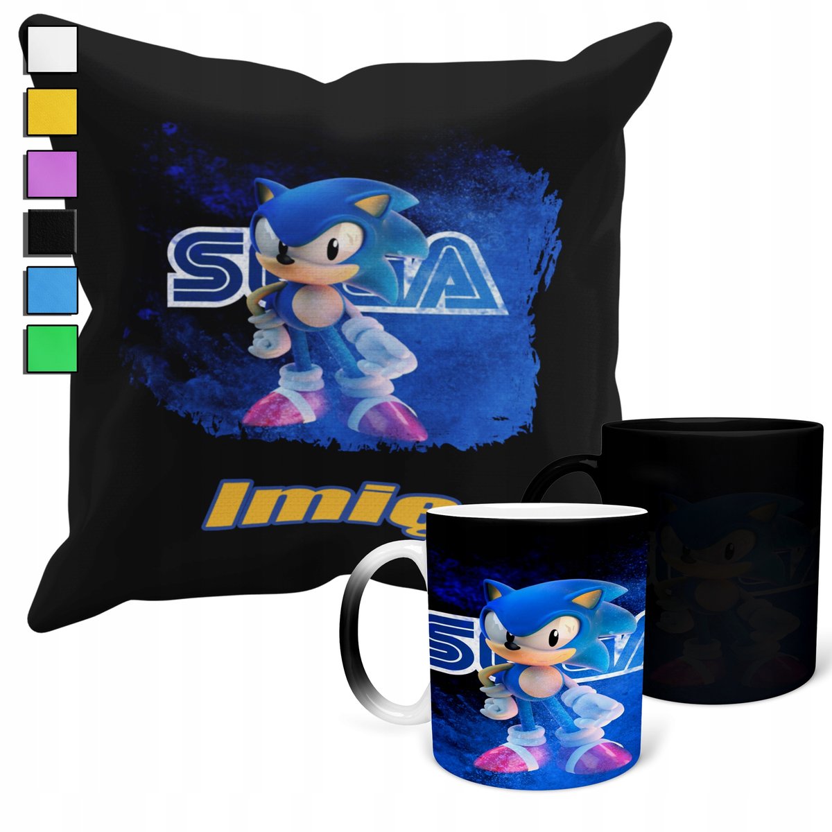 ZESTAW KUBEK MAGICZNY + POSZEWKA Z PODUSZKĄ-PREZENT SONIC BŁYSKAWICA + IMIĘ