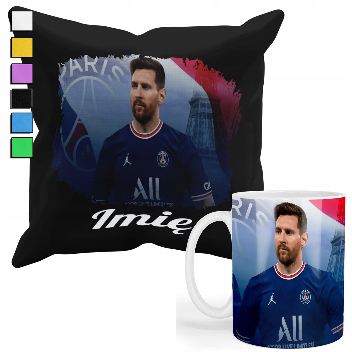 ZESTAW KUBEK + PODUSZKA Z POSZEWKĄ- PREZENT DLA FANATYKA MESSI PSG+ IMIĘ