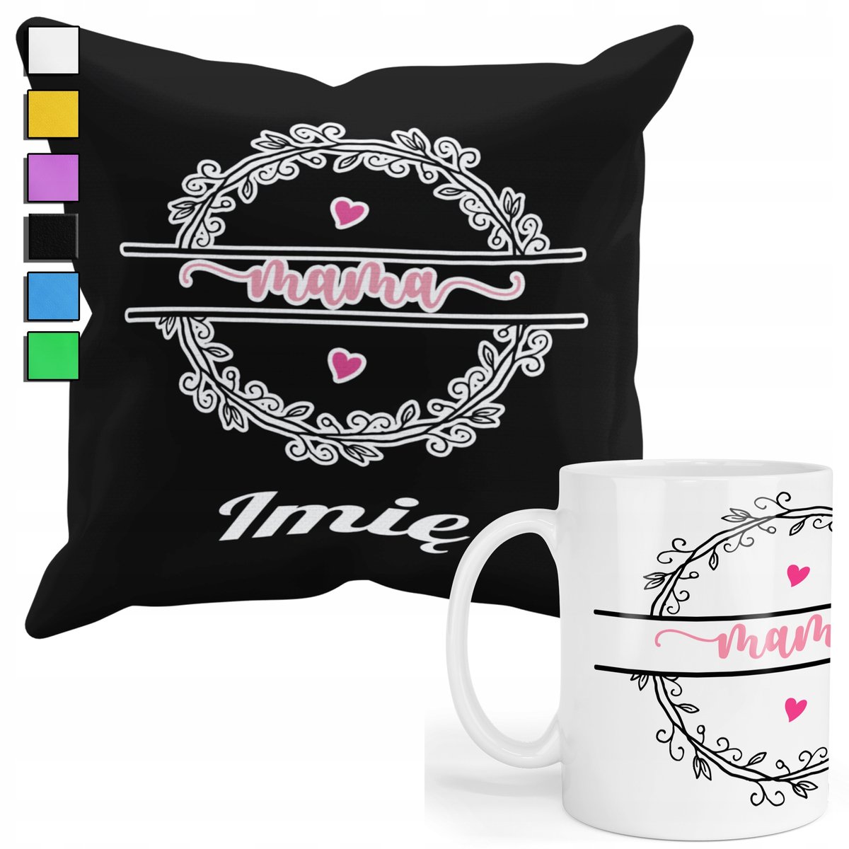 ZESTAW KUBEK + PODUSZKA Z POSZEWKĄ- PREZENT DLA FANA DZIEŃ MAMY + IMIĘ