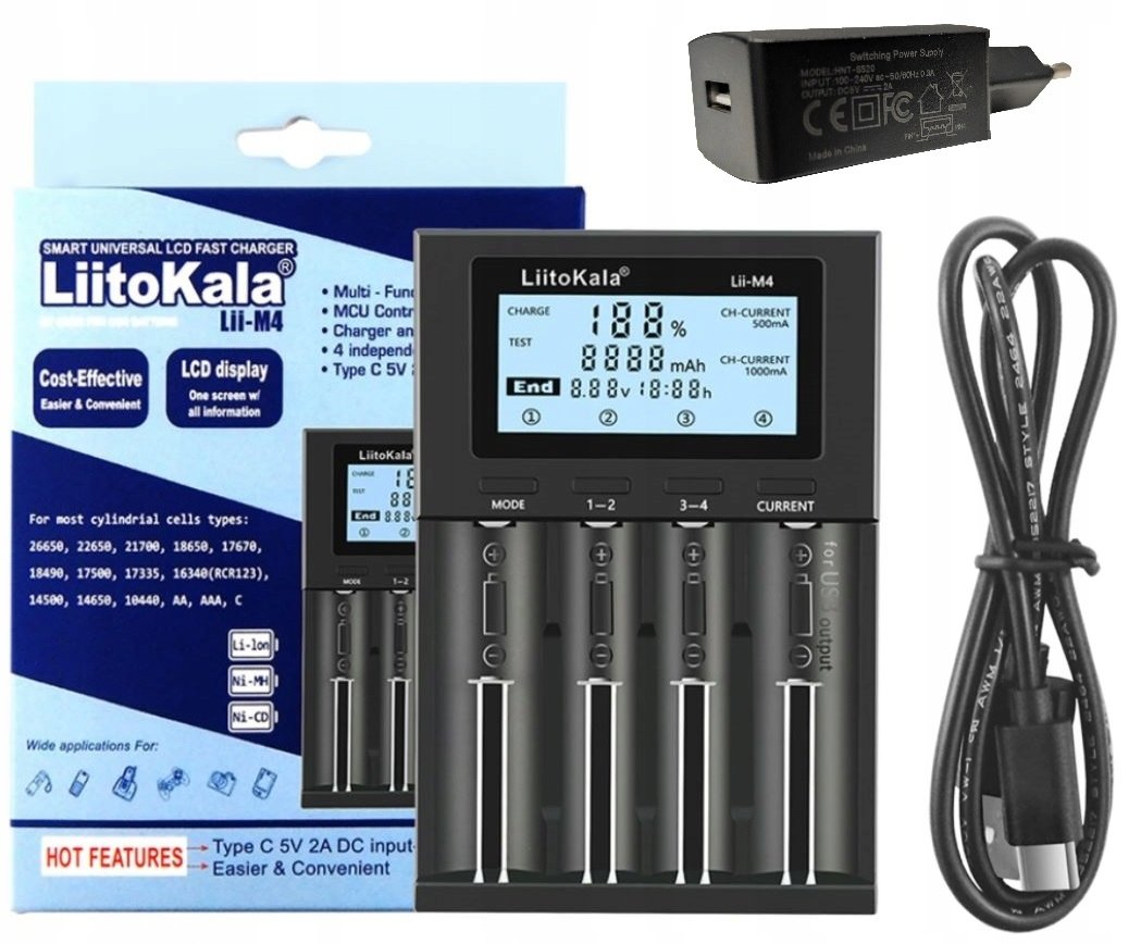 LiitoKala Lii-M4 ŁADOWARKA OGNIW AKUMULATORÓW Li-Ion AAA 18650 + ADAPTER