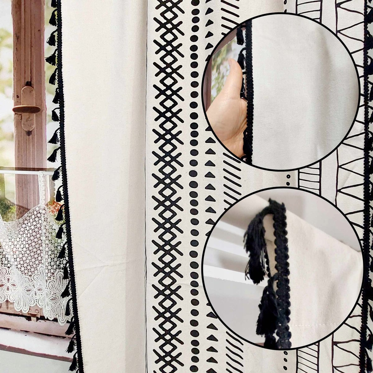 Zasłona gotowa lniana boho z frędzlami wzory geometryczne tunel 150/240cm