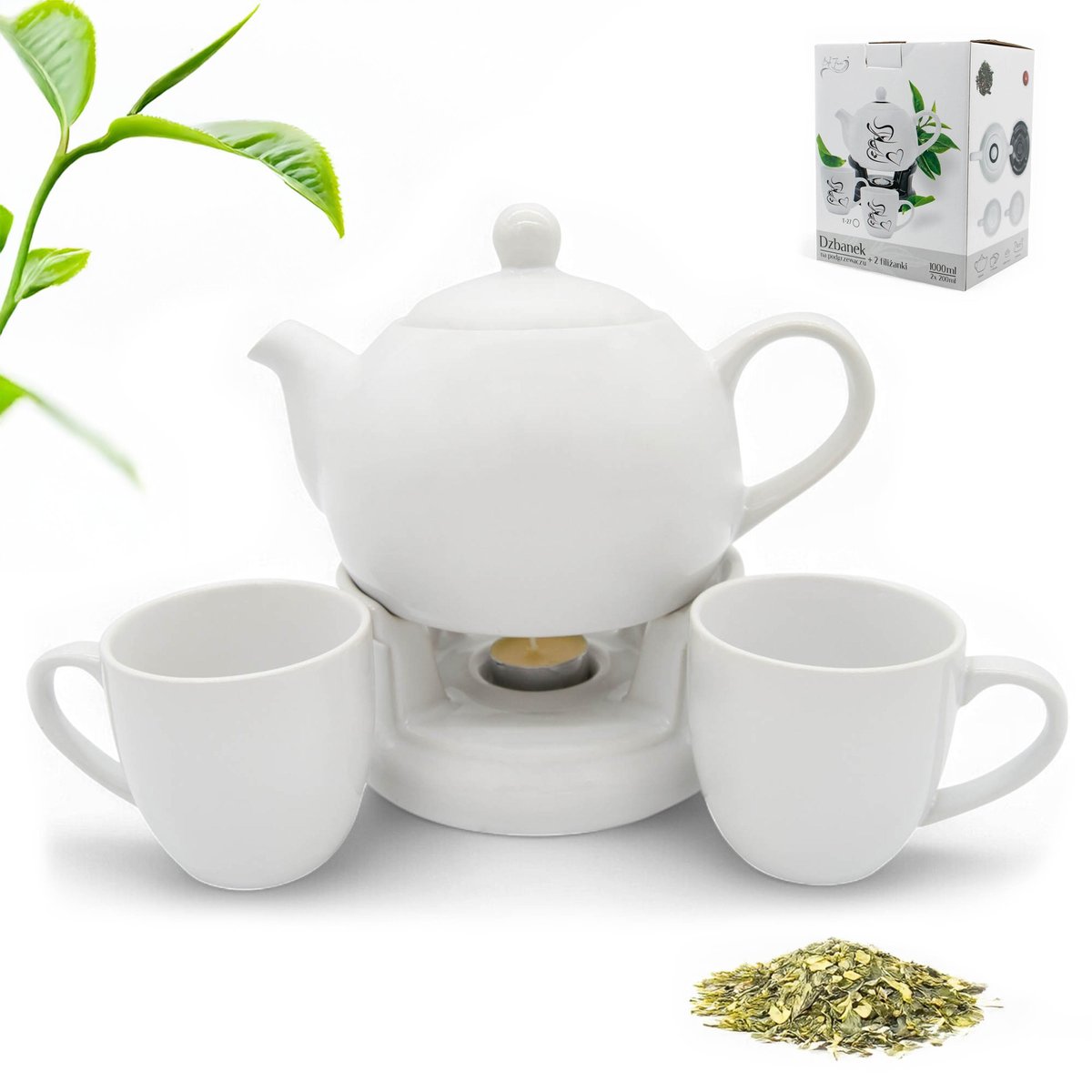 Dzbanek 2 Kubki Z Podgrzewaczem Biały Imbryk Kamionka Herbata 1L