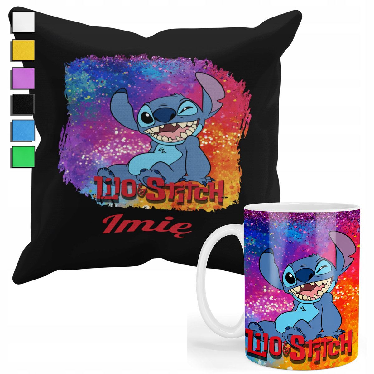 ZESTAW KUBEK + POSZEWKA Z NADRUKIEM-DLA FANA PREZENT LILO&STITCH+IMIĘ
