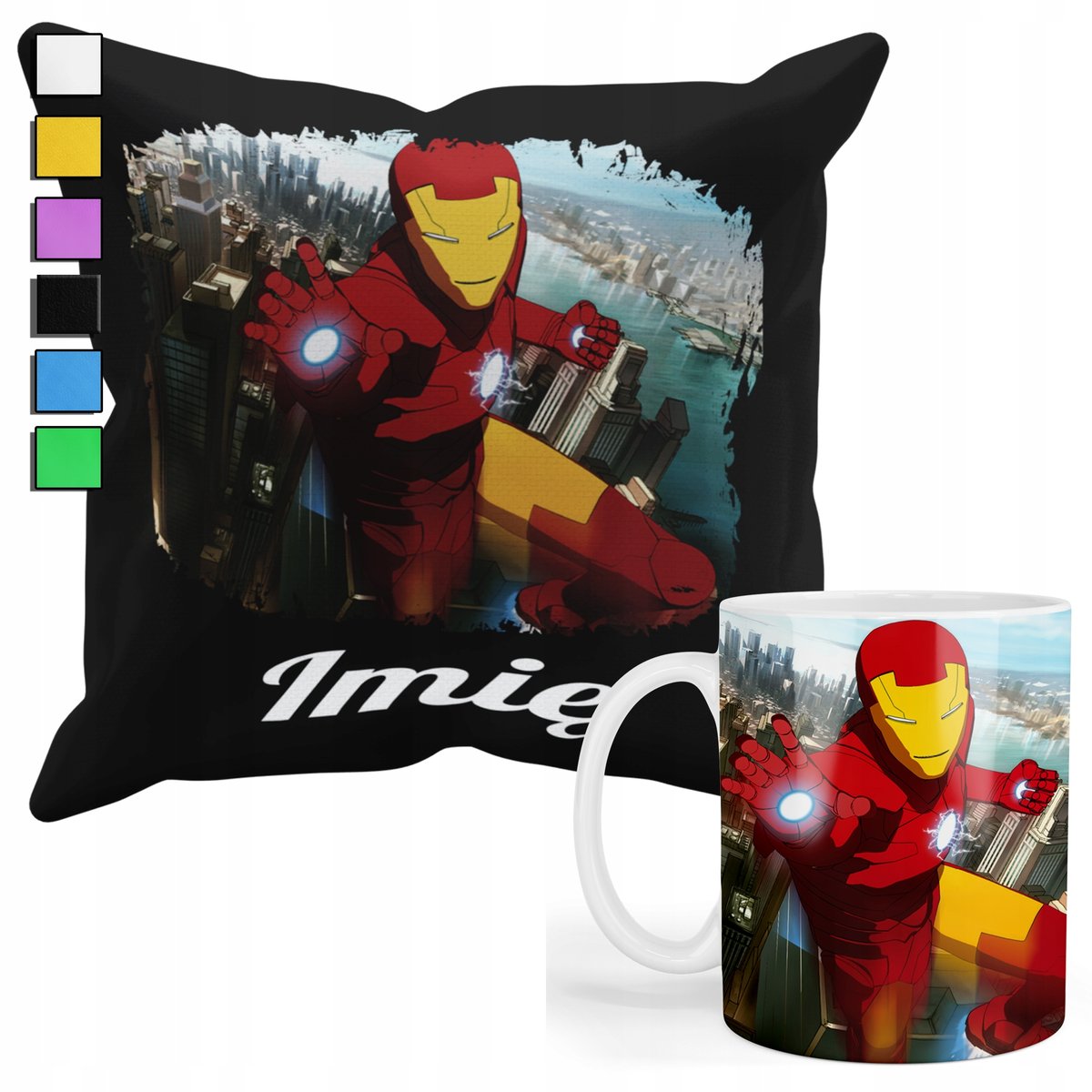 ZESTAW KUBEK + PODUSZKA Z POSZEWKĄ- PREZENT DLA FANA IRON MAN + IMIĘ