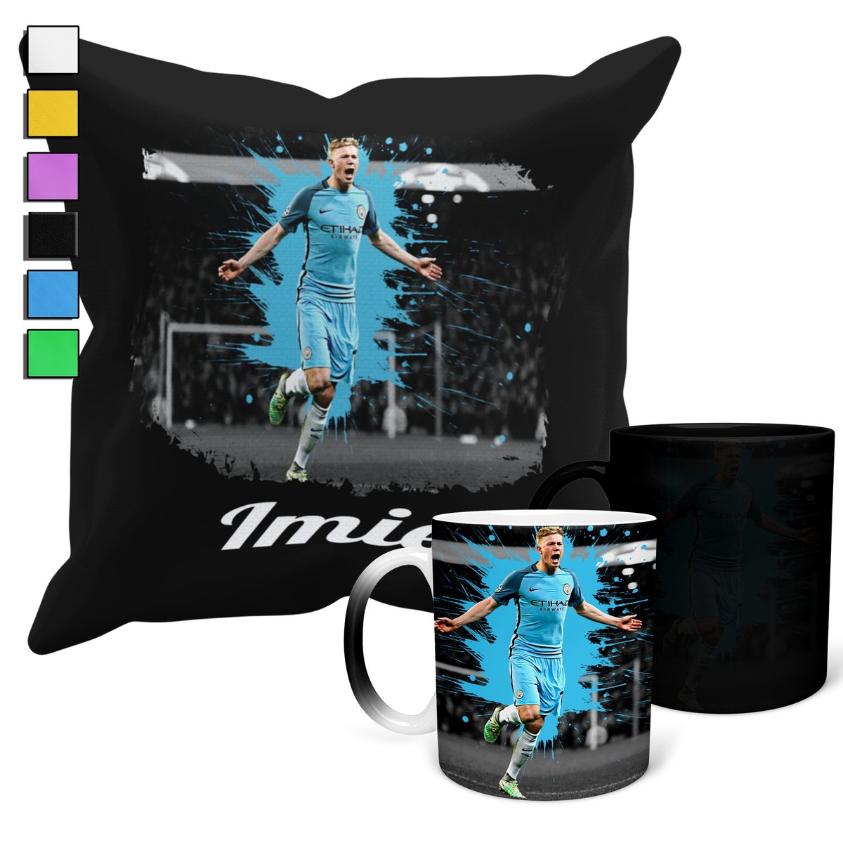 ZESTAW KUBEK MAGICZNY + POSZEWKA Z PODUSZKĄ- DE BRUYNE MAN CITY + IMIĘ