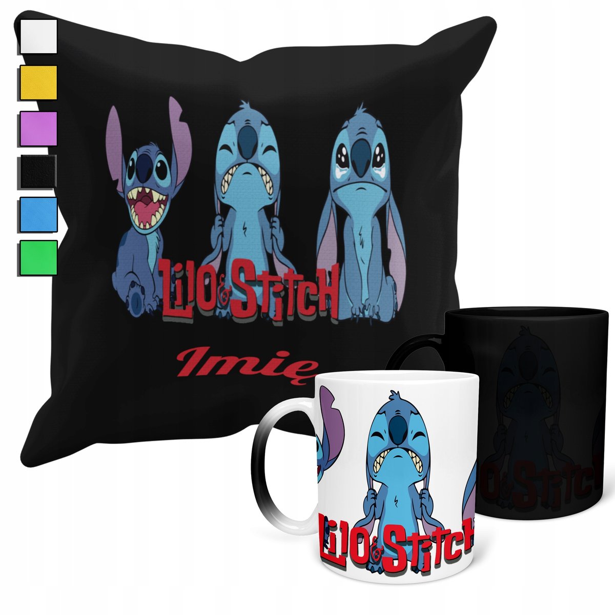 ZESTAW KUBEK MAGICZNY + POSZEWKA Z PODUSZKĄ- PREZENT LILO&STITCH + IMIĘ