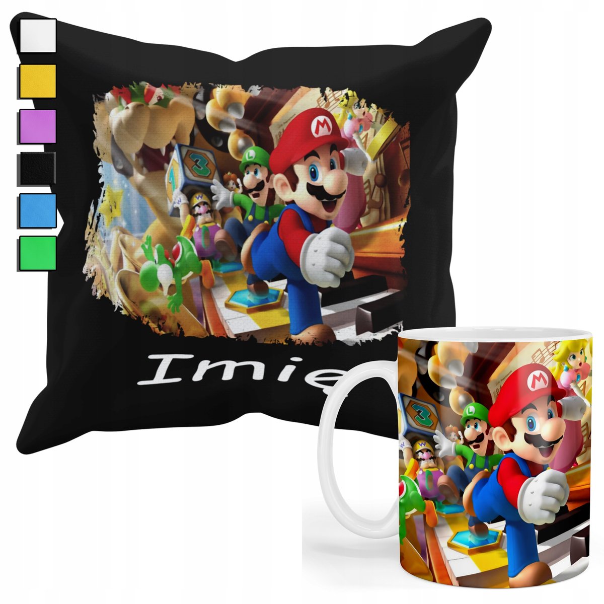 ZESTAW KUBEK + PODUSZKA Z POSZEWKĄ- PREZENT DLA FANA GRY SUPER MARIO+ IMIĘ