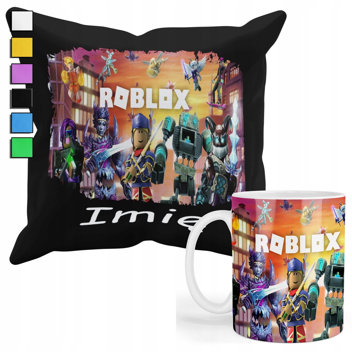 ZESTAW KUBEK + PODUSZKA Z POSZEWKĄ- PREZENT DLA FANA GRY ROBLOX+ IMIĘ