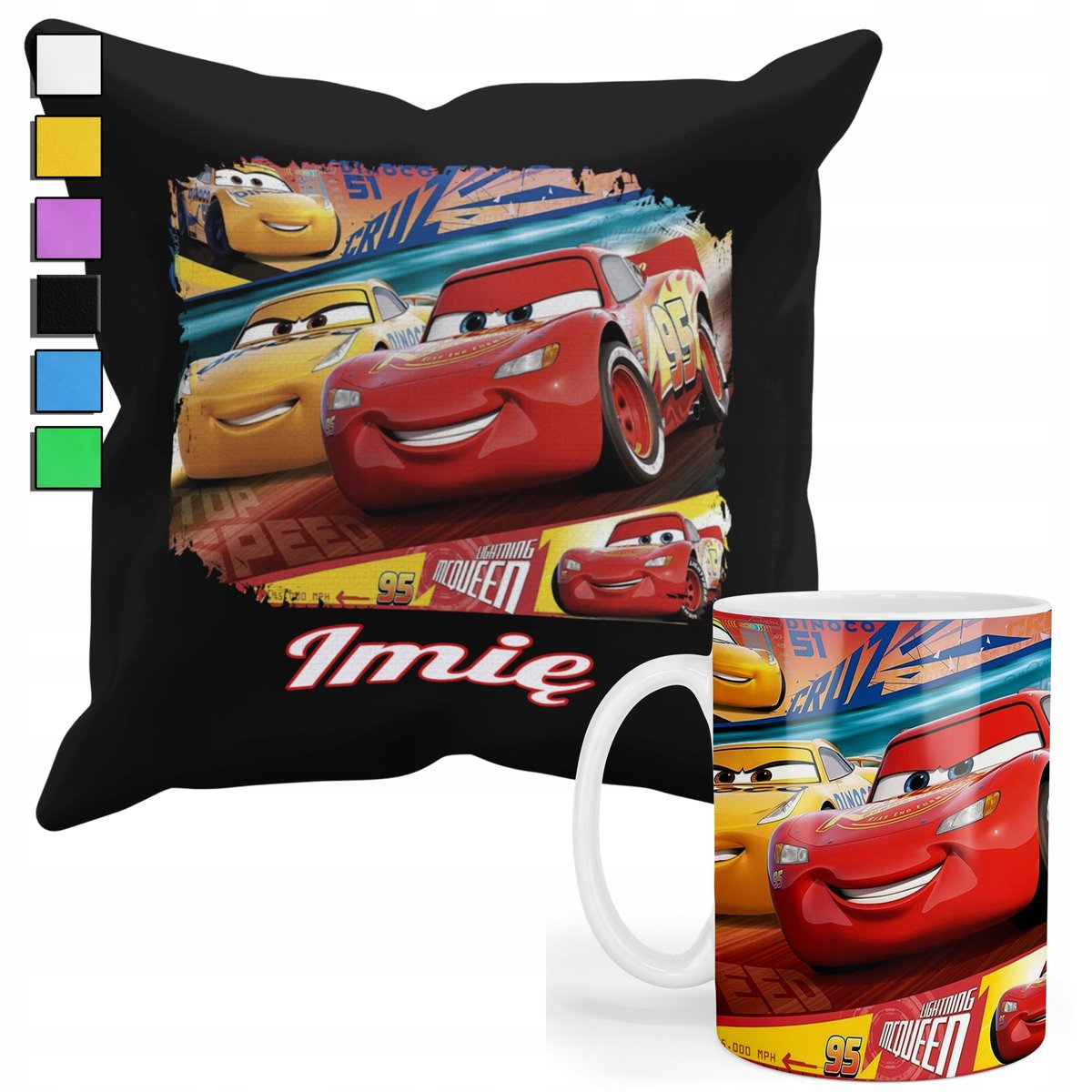 ZESTAW KUBEK + PODUSZKA Z POSZEWKĄ-BAJKA CZERWONE AUTA + IMIĘ