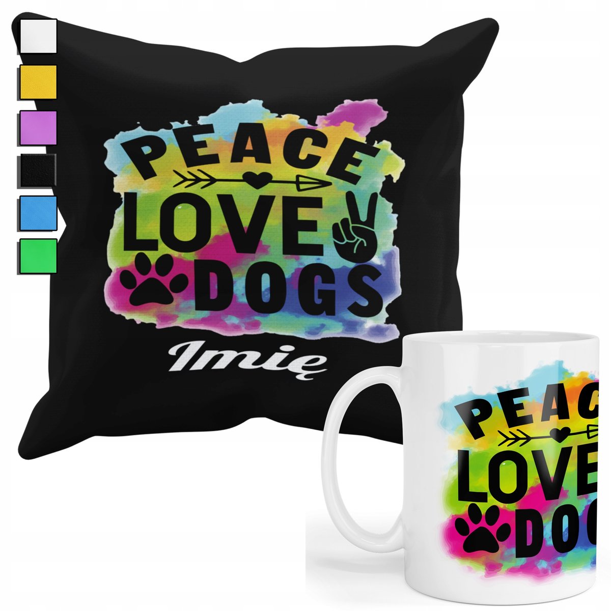 ZESTAW KUBEK + POSZEWKA Z NADRUKIEM-DLA FANA PREZENT PIESKI ZWIERZĘTA+IMIĘ