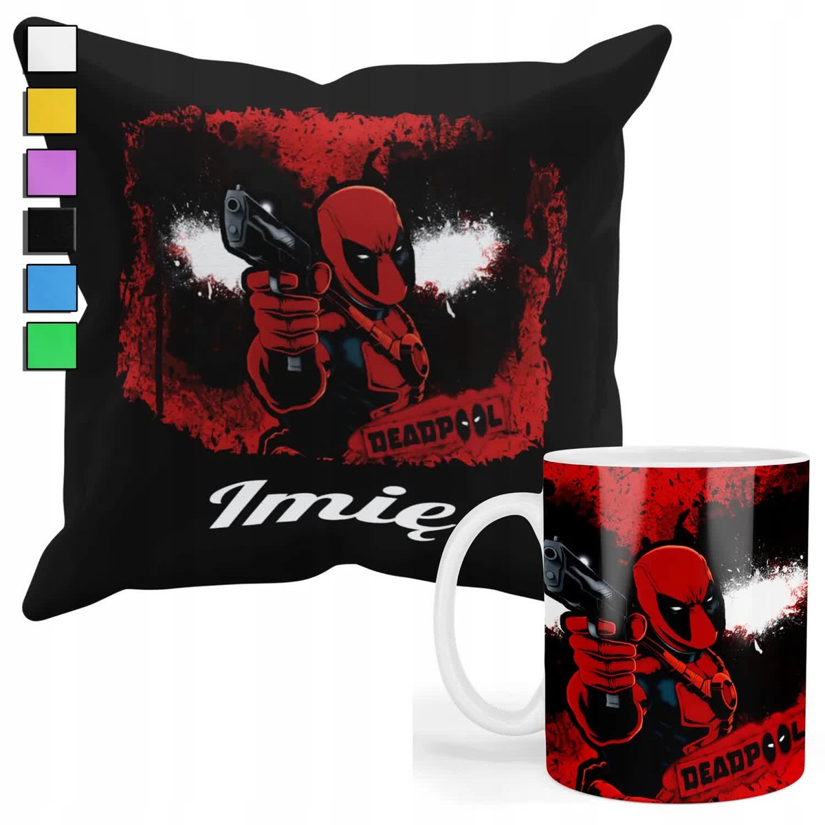 ZESTAW KUBEK + PODUSZKA Z POSZEWKĄ- PREZENT DLA FANA DEADPOOL + IMIĘ