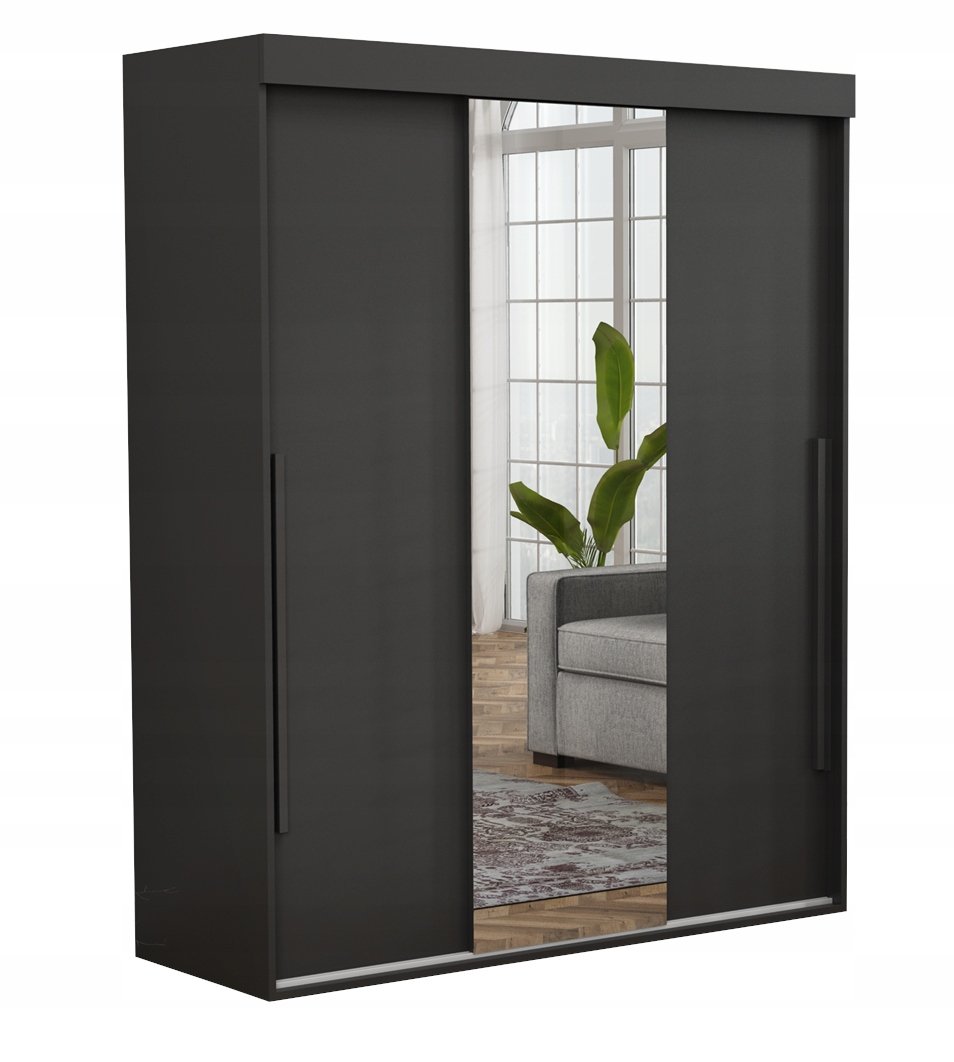 Szafa do Garderoby ALLAM+ 160x202 Czarna Lustro Czarne Uchwyty