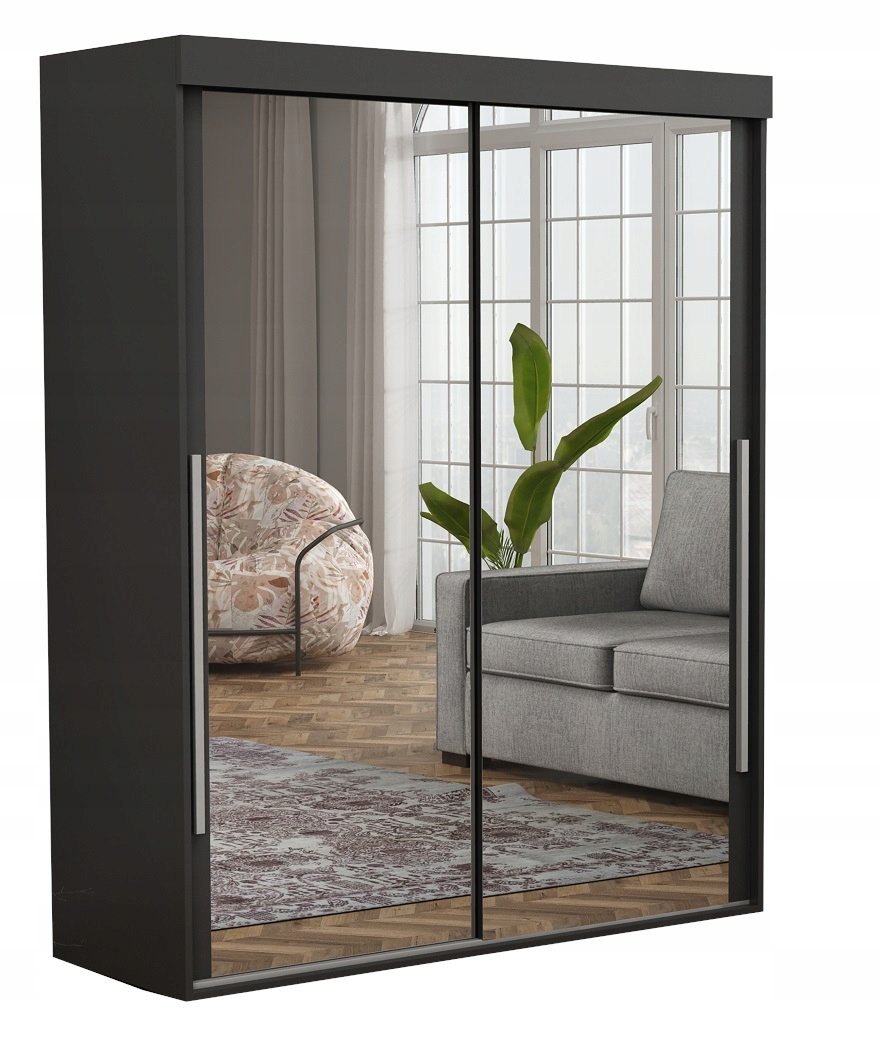 Stylowa Szafa Przesuwna ALLAM ALU 2 LUSTRA 140X202X45.5 Czarna Wąska