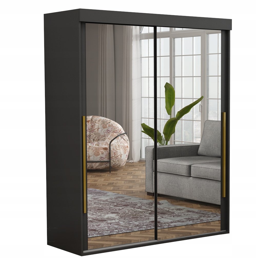 Szafa Do Sypialni ALLAM SLIM 2 Lustra ZŁOTE Uchwyty 140x202x45.5 CZARNA