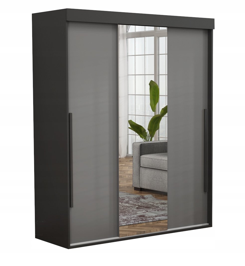 Szafa Przesuwna ALLAM+ Mix Czarna+Antracyt Lustro Czarne Uchwyty 220x202