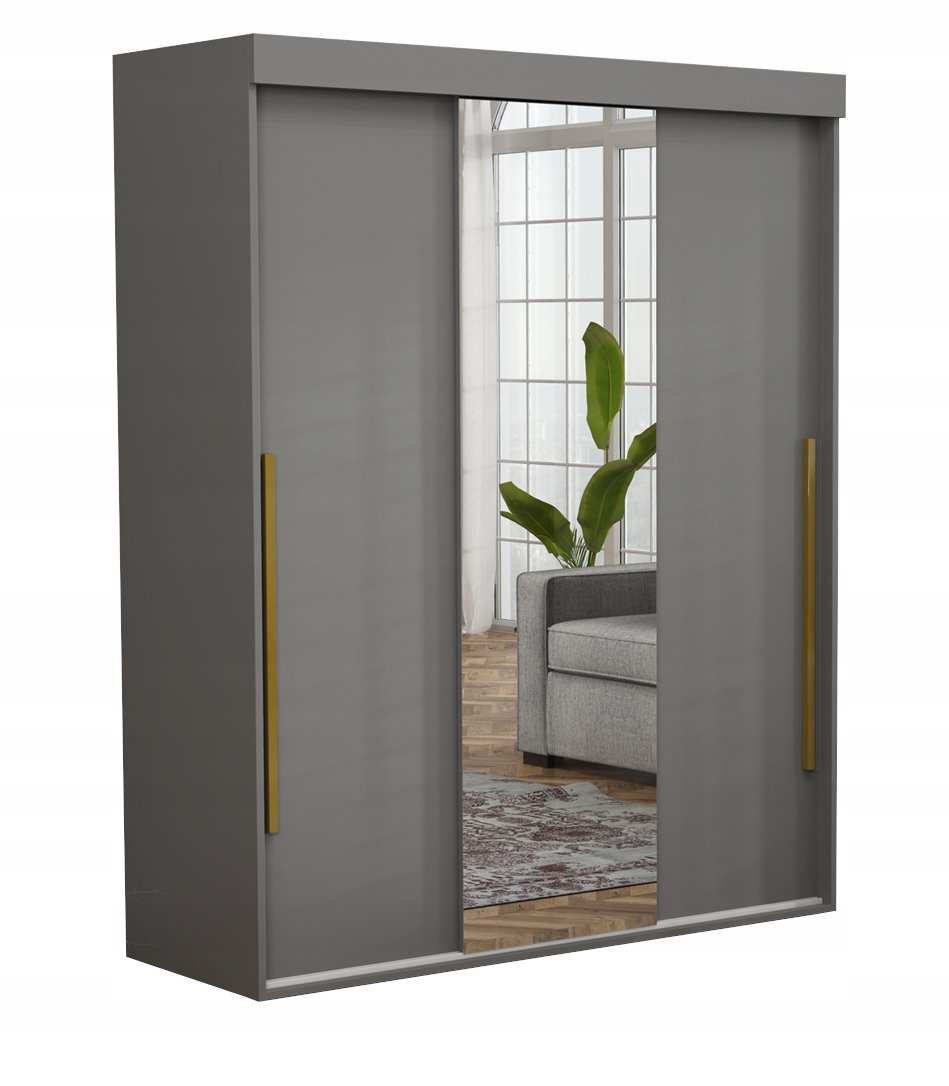 Pojemna Szafa Przesuwna ALLAM+ 160x202 Antracyt Lustro Złote Uchwyty