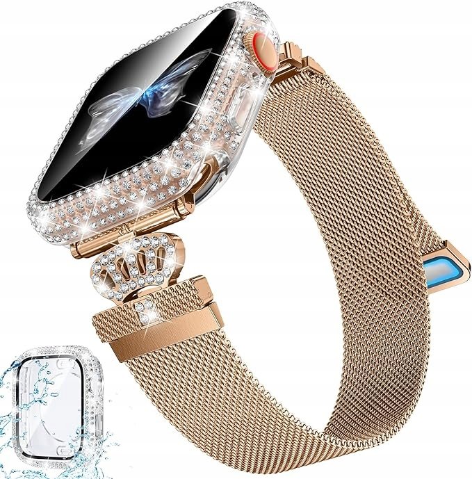 Metalowy pasek bransoletka do Apple Watch+ Etui ozdobne 45mm Różowe złoto