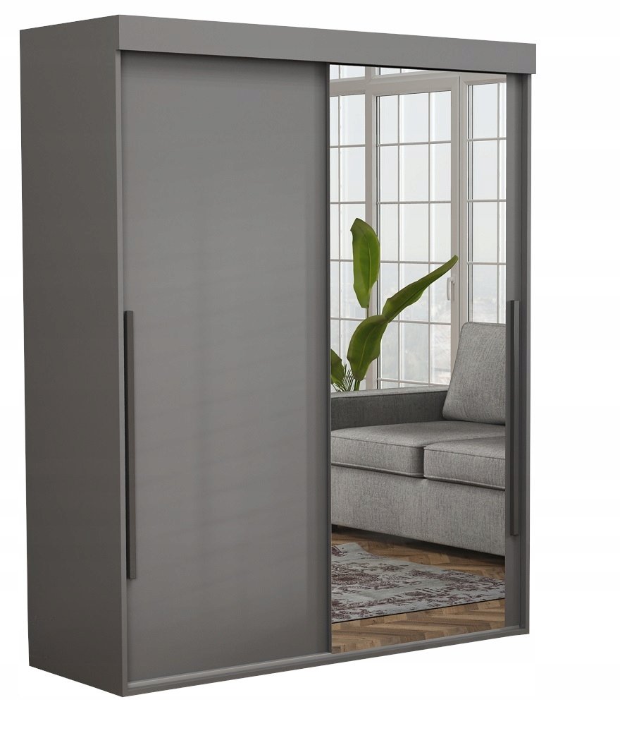 Szafa Do Salonu ALLAM SLIM Lustro Czarne Uchwyty 150x202x45.5 Antracyt
