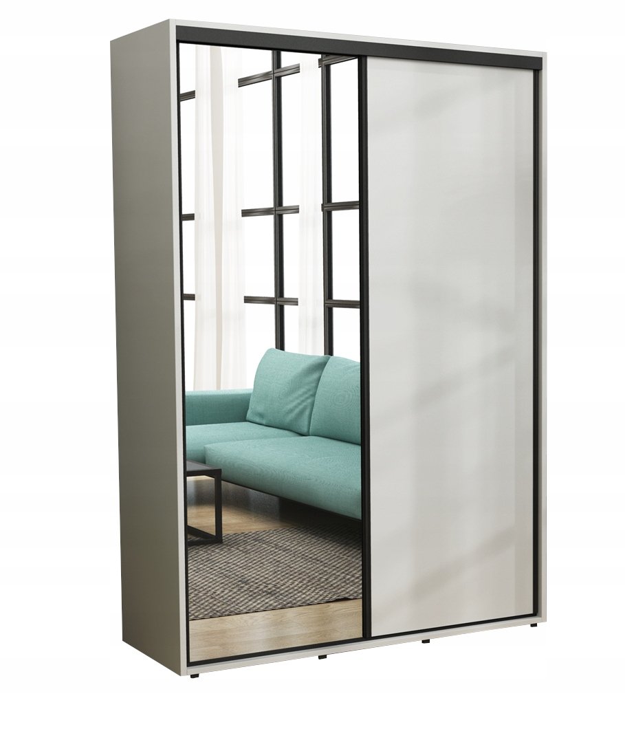 Nowoczesna Szafa Przesuwna Iga Czarne Okucia LUSTRO 130 x242 Biała