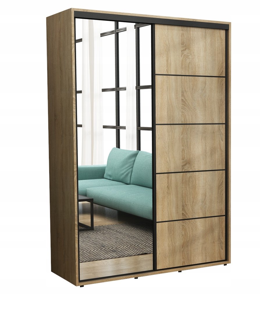 Nowoczesna Szafa Przesuwna Iga Paski Czarne LUSTRO 180x242 Sonoma