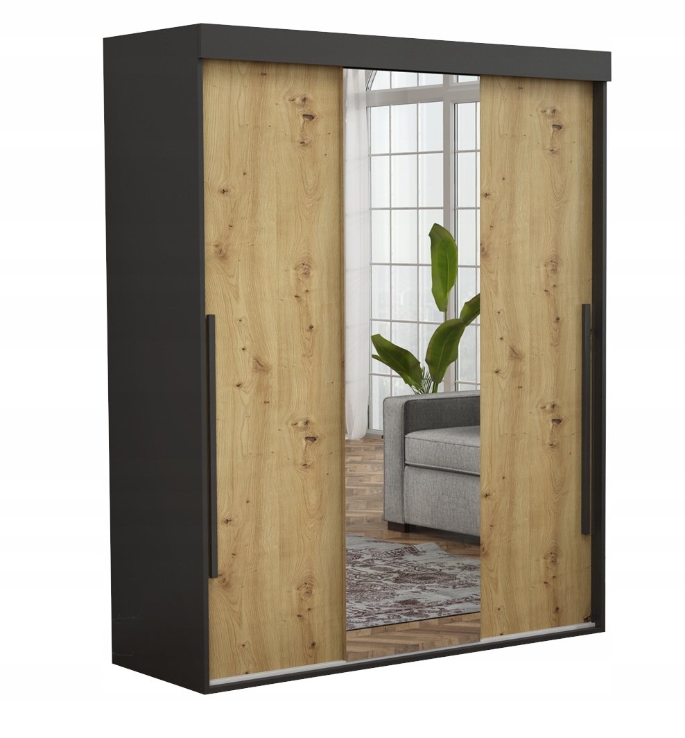 Nowoczesna Szafa ALLAM+ Mix Czarna+Artisan Lustro Czarne Uchwyty 210x202