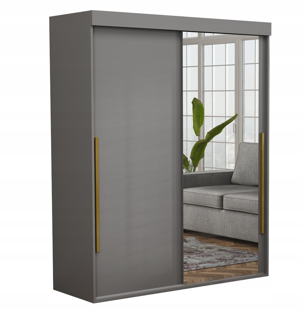 Szafa Do Garderoby ALLAM SLIM Lustro ZŁOTE Uchwyty 140x202x45.5 ANTRACYT