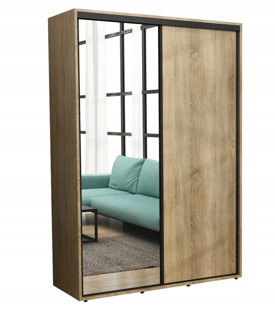 Szafa Przesuwna Iga Czarne Okucia LUSTRO 170 x 242 Sonoma/ Drążki