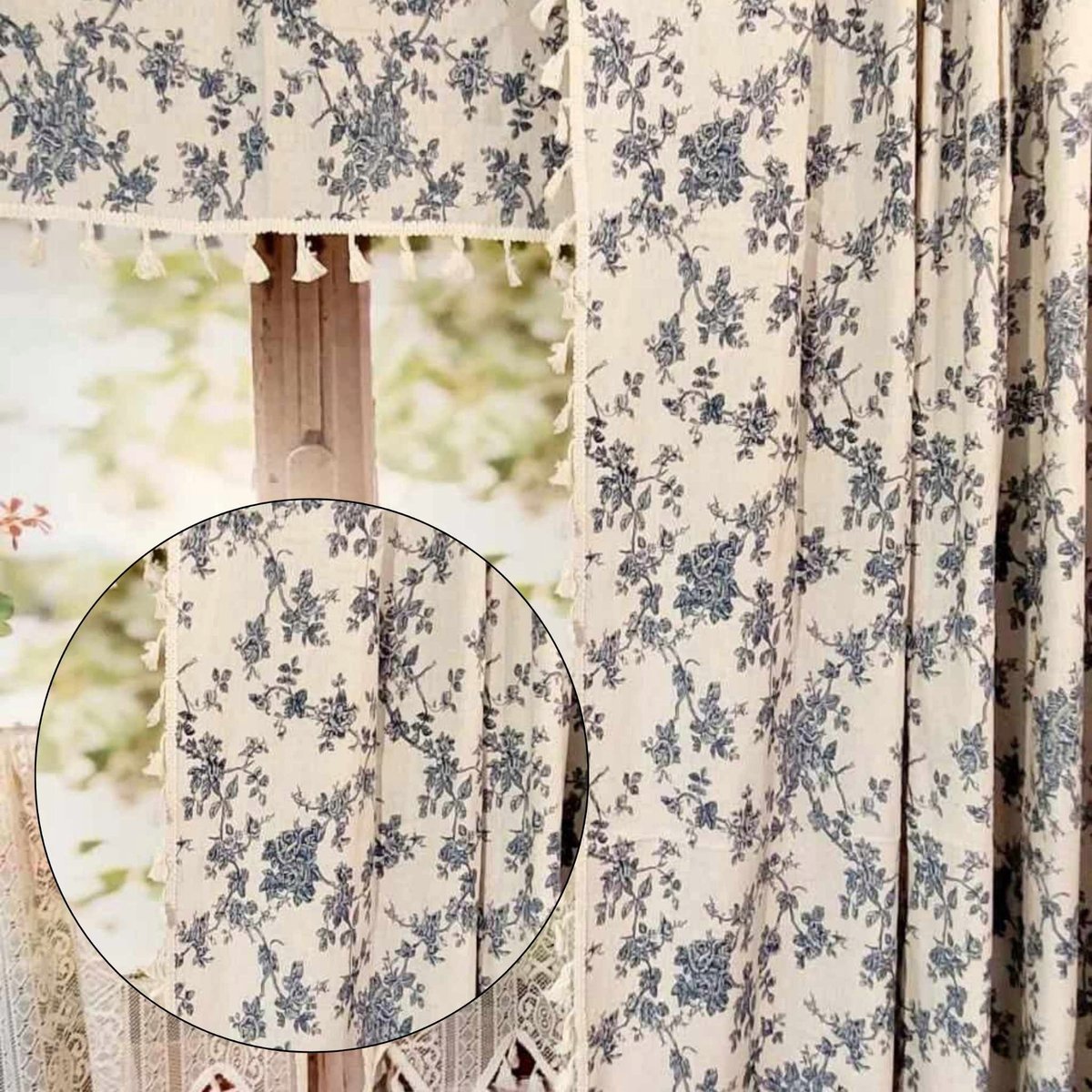 Zasłona lniana kwiaty blue jeans boho z frędzlami tunel 150/250cm