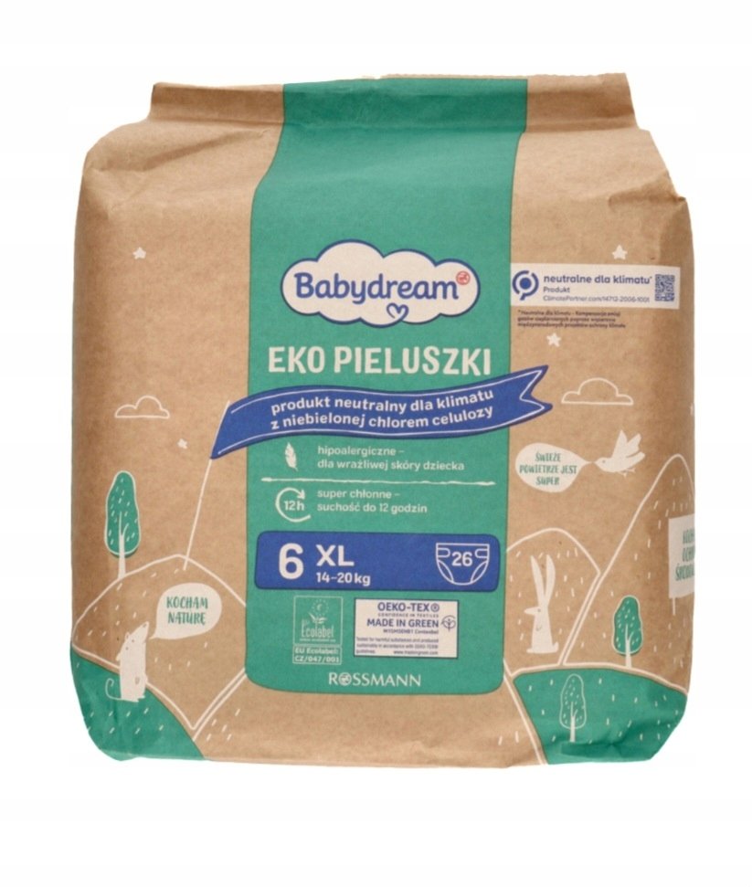 Babydream EKO Naturalne Ekologiczne Pieluchy XL 6 14-20kg 26szt Hipoalergi
