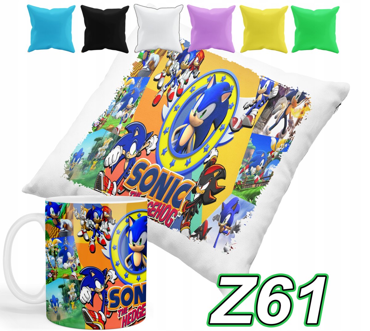 ZESTAW KUBEK + POSZEWKA Z NADRUKIEM SONIC BŁYSKAWICA JEŻYK + IMIĘ