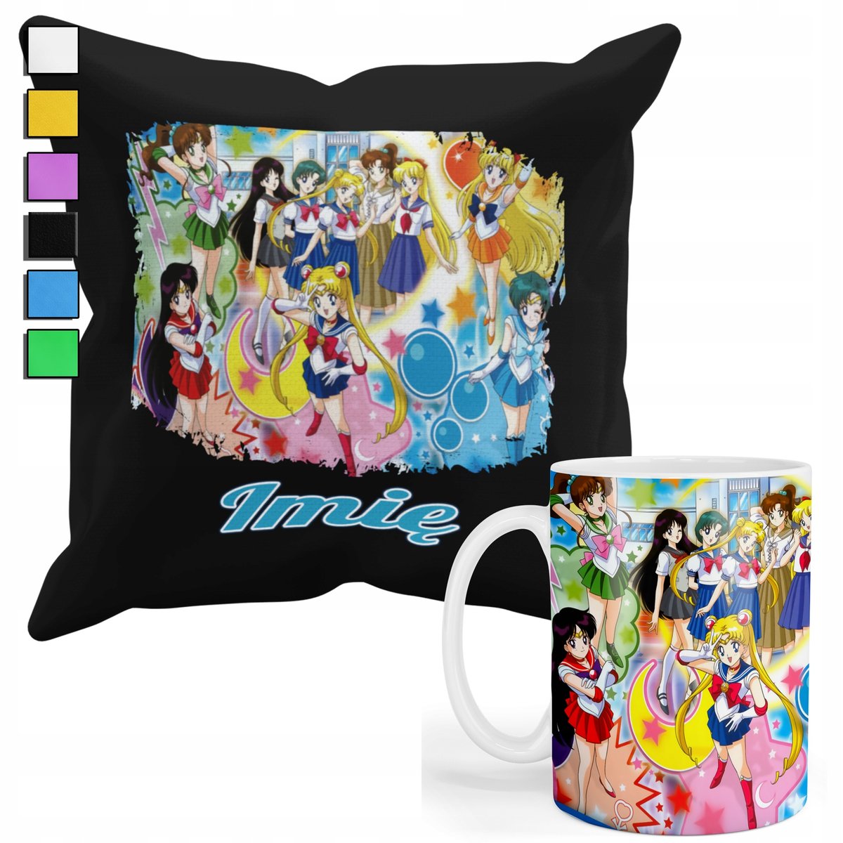 ZESTAW KUBEK + POSZEWKA Z NADRUKIEM-DLA FANA SAILOR MOON CZARODZIEJKI +IMIĘ
