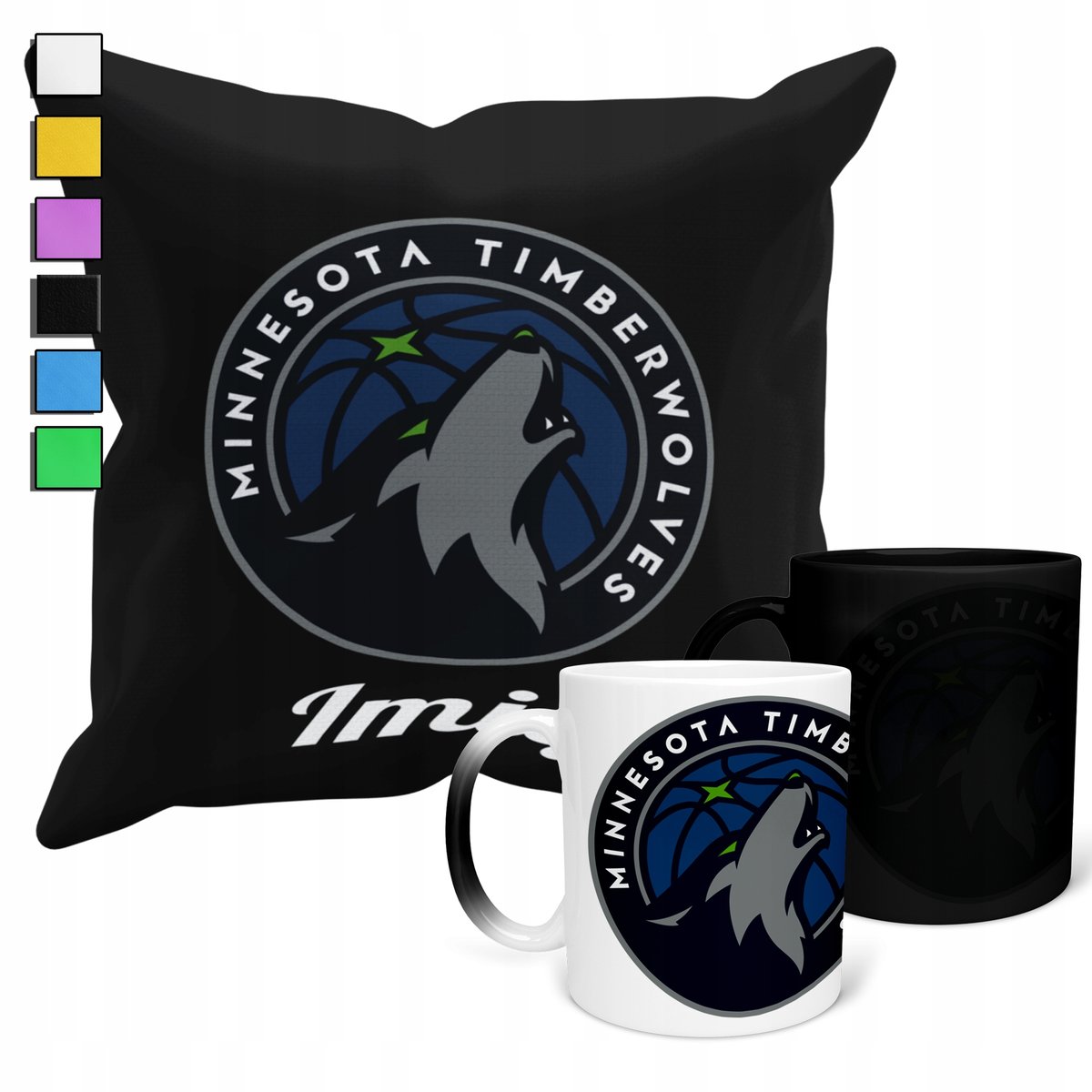 ZESTAW KUBEK MAGICZNY + POSZEWKA Z PODUSZKĄ- MINNESOTA TIMBERVOLVES + IMIĘ