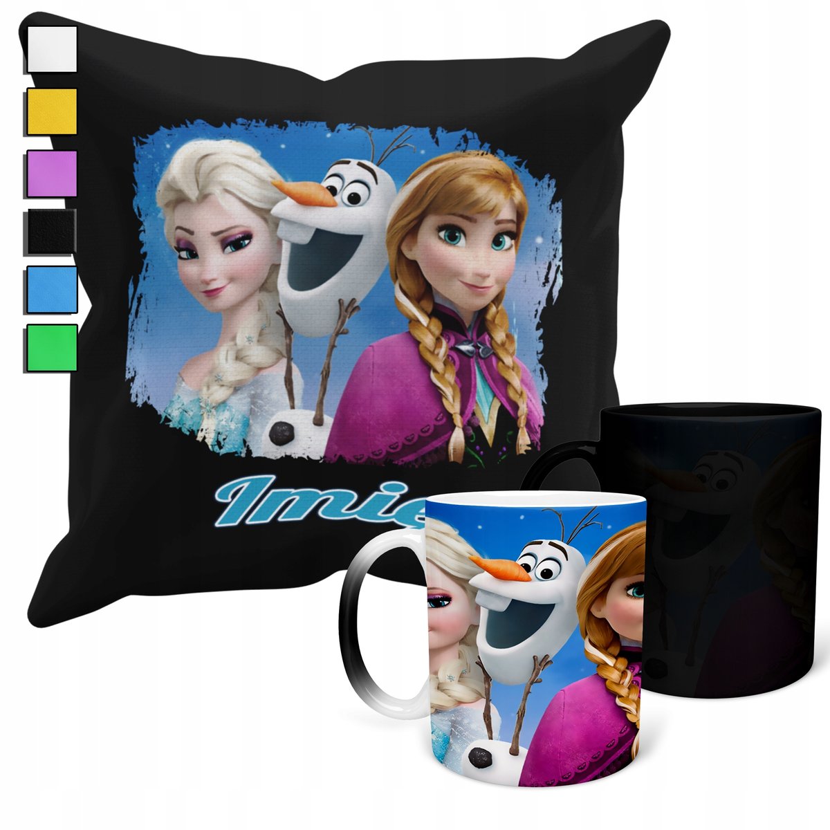 ZESTAW KUBEK MAGICZNY ZMIENIAJĄCY KOLOR + POSZEWKA FROZEN KRAINA LODU+ IMIĘ