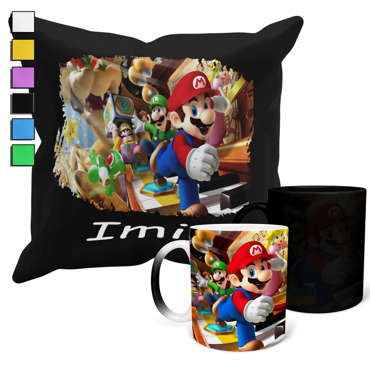ZESTAW KUBEK MAGICZNY + POSZEWKA Z PODUSZKĄ- SUPER MARIO GRY PREZENT + IMIĘ