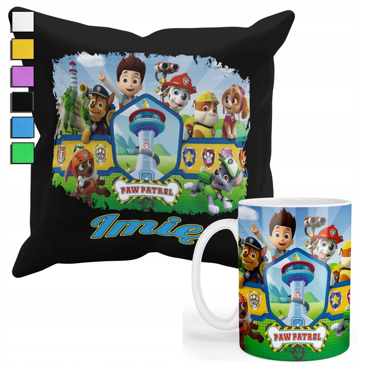 ZESTAW KUBEK + PODUSZKA Z POSZEWKĄ- PREZENT DLA FANA PSI PATROL+ IMIĘ