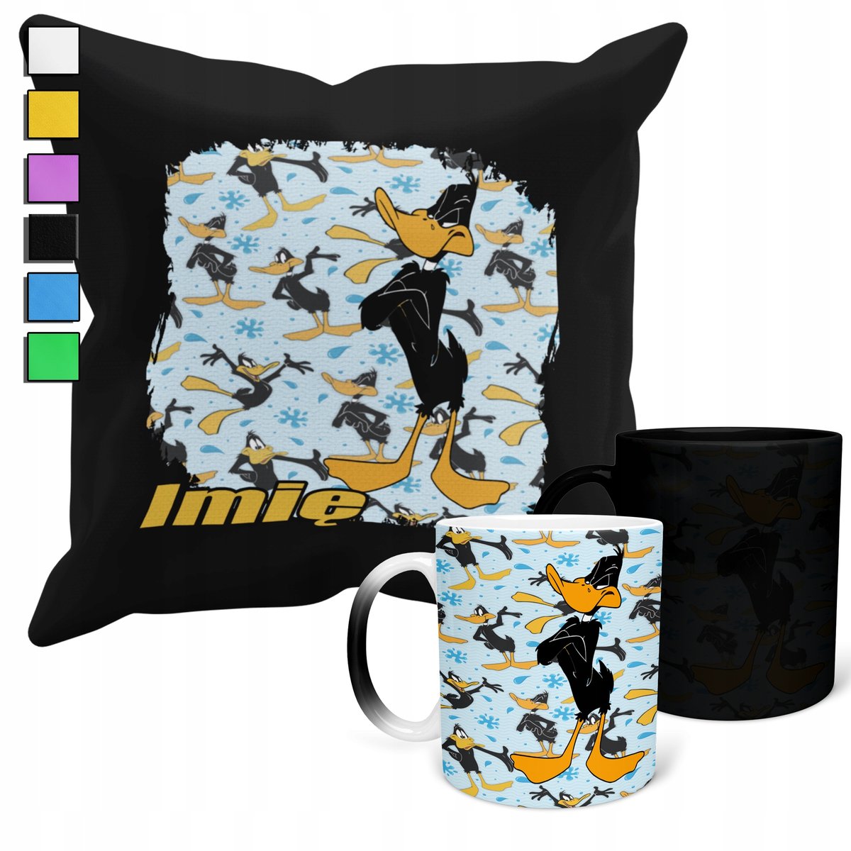 ZESTAW KUBEK MAGICZNY + POSZEWKA Z PODUSZKĄ-KACZOR DUFFY LOONE TU NES+ IMIĘ