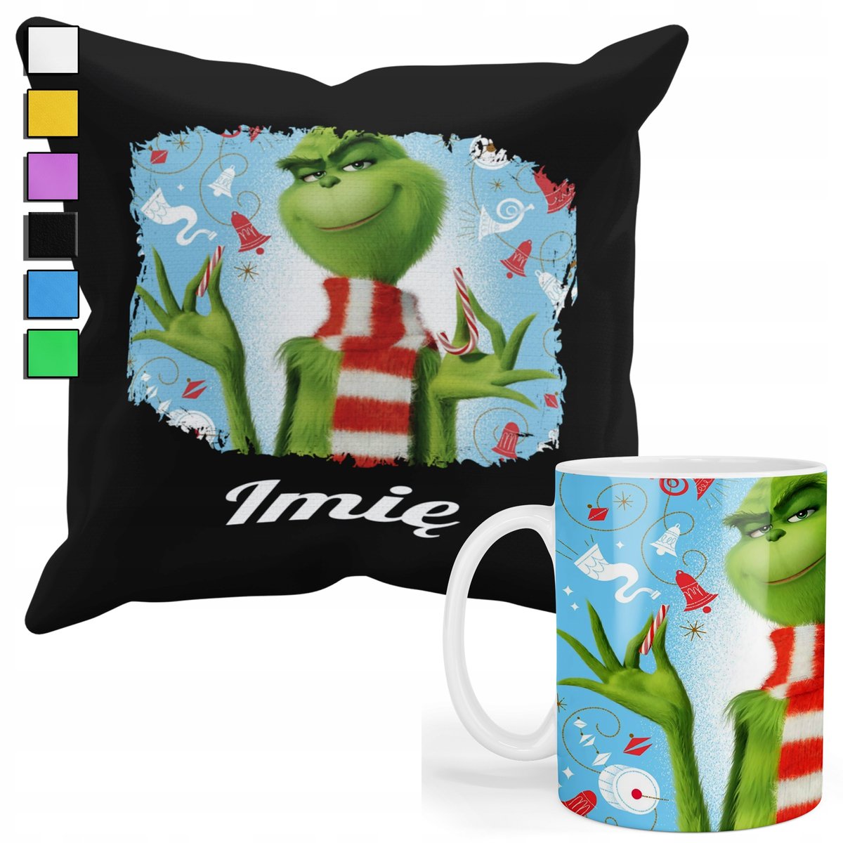 ZESTAW KUBEK + PODUSZKA Z POSZEWKĄ- PREZENT DLA FANA GRINCH ŚWIĘTA + IMIĘ