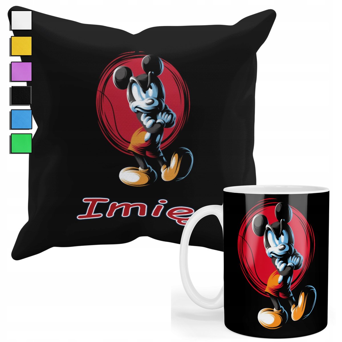 ZESTAW KUBEK + PODUSZKA Z POSZEWKĄ- PREZENT DLA FANA MYSZKA MIKI + IMIĘ