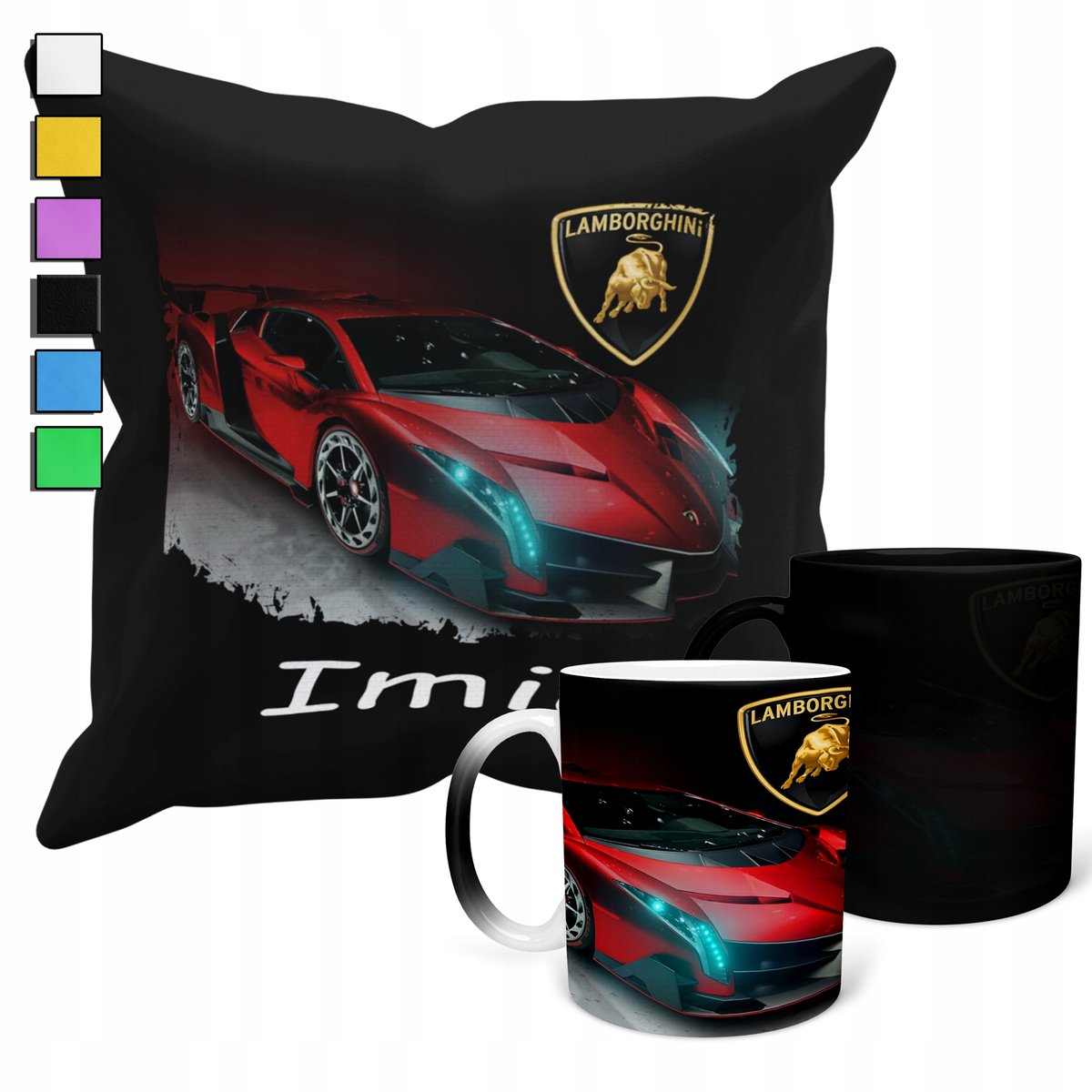 ZESTAW KUBEK MAGICZNY + POSZEWKA Z PODUSZKĄ- LAMBO-RGHINI SAMOCHODY + IMIĘ