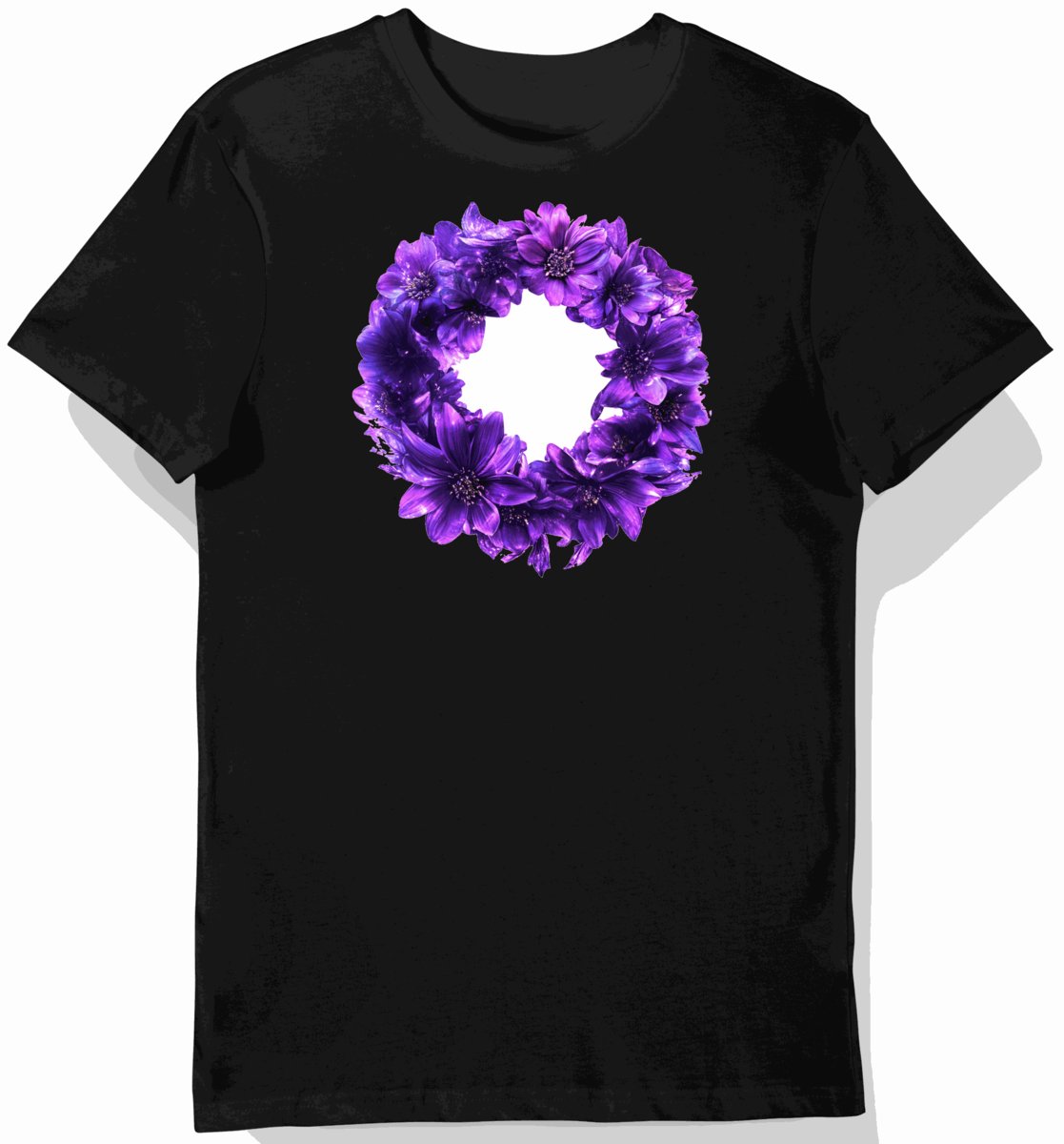 Koszulka męska czarna z nadrukiem fioletowych kwiatów S