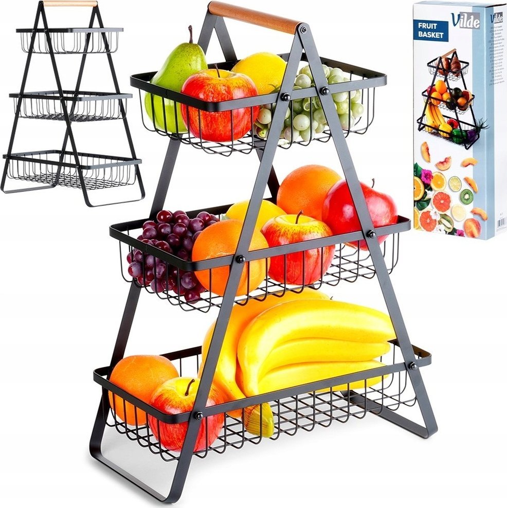 Vilde Koszyk na Owoce Warzywa 3-Poziomowy Metalowy Czarny VILDE 34x17,5x46,5 cm
