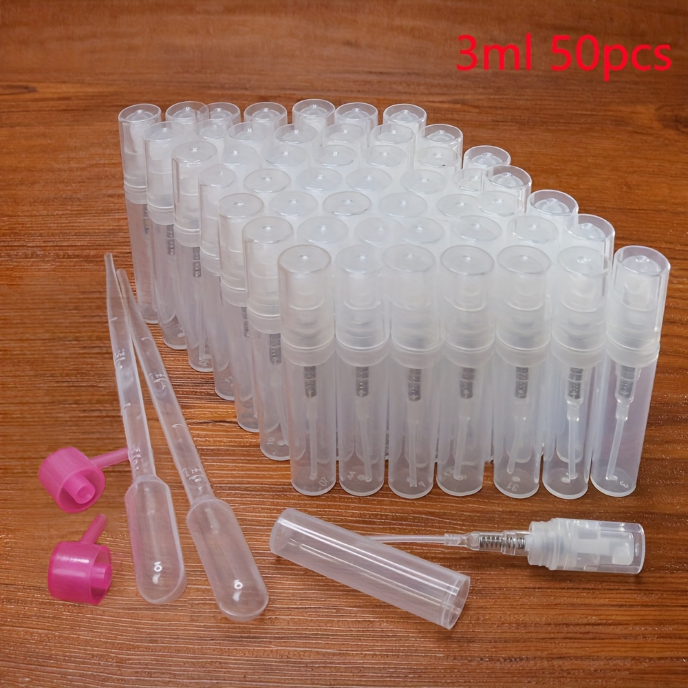 TEMU 50 sztuk 5 ml mini przezroczystych plastikowych butelek z rozpylaczem, 3 ml butelek do dekantacji perfum, 2 ml pojemników z rozpylaczem,
