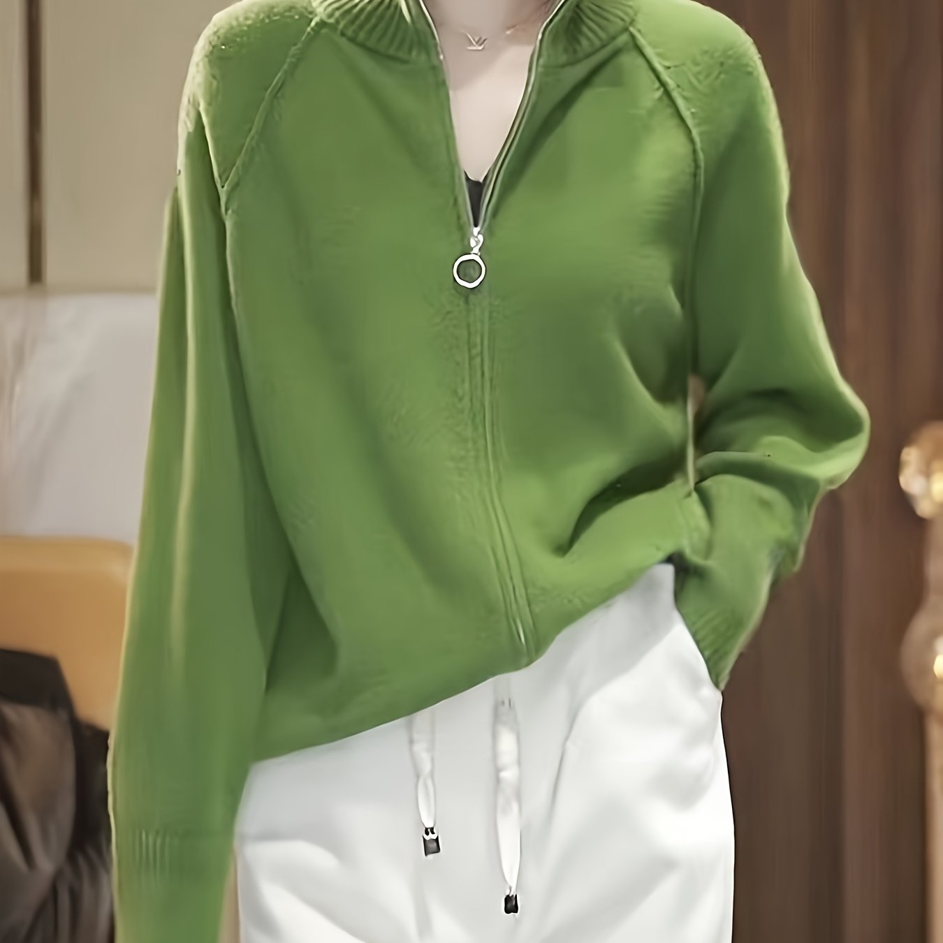 TEMU Kobiecy Przytulny Zielony Kardigan - Casualowy Długi Rękaw, Zamek Błyskawiczny, Stójka, Luźny Krój, Guziki, Idealny na Jesień i Zimę, Casualowa