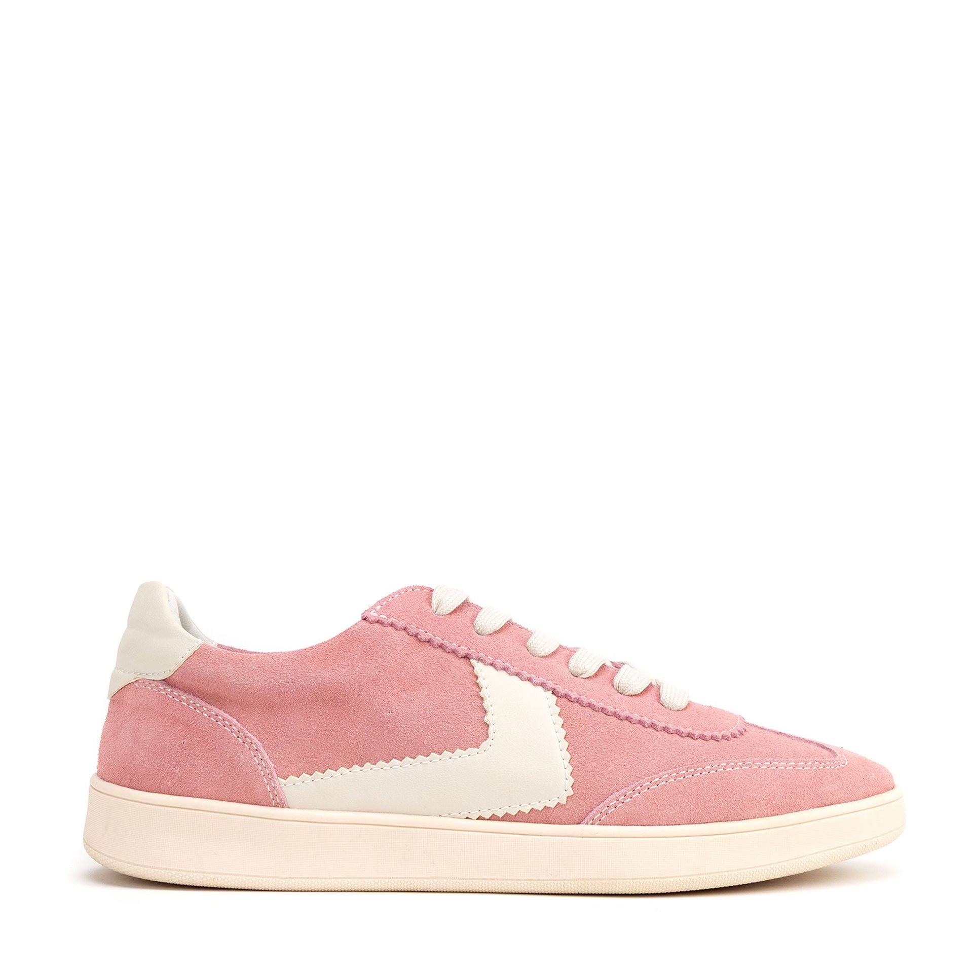 Zamszowe sneakersy z kontrastowymi wstawkami z ekoskóry różowe