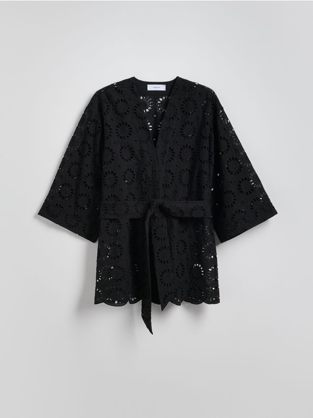 Reserved - Ażurowe kimono z wiązaniem - czarny