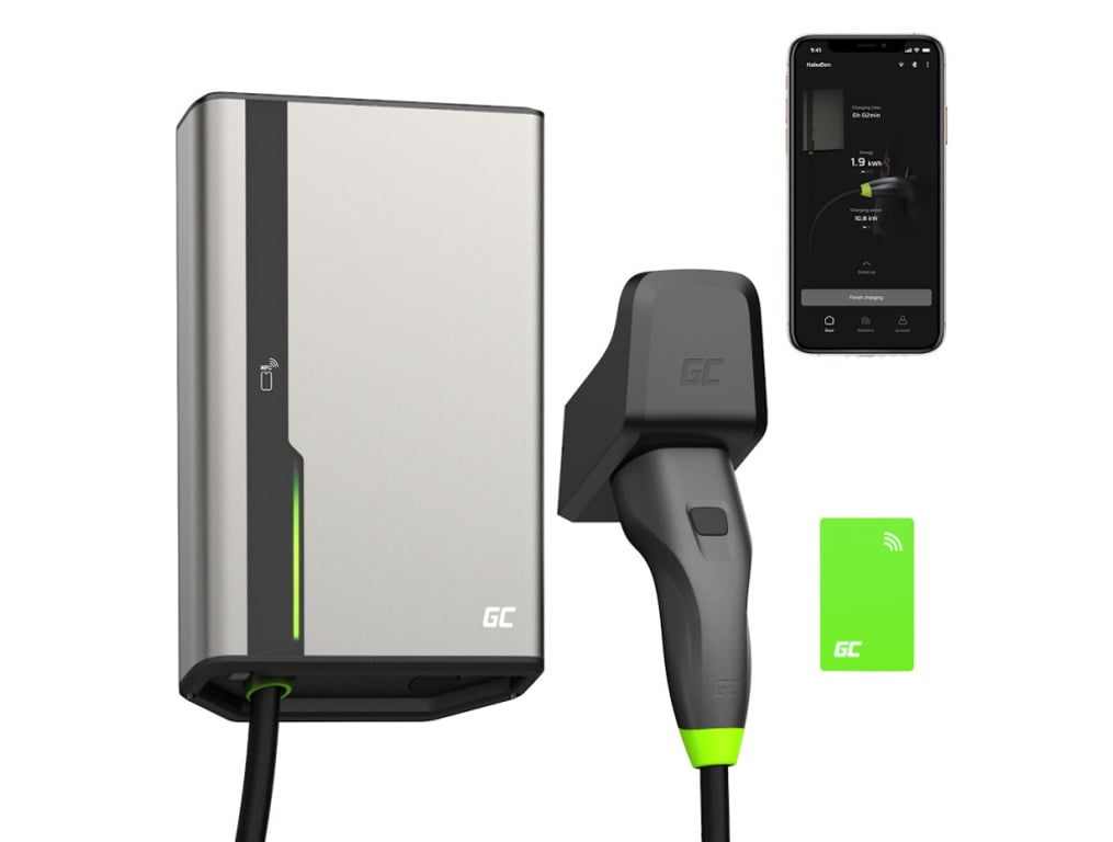 Green Cell GC HabuDen Wallbox 22kW 32A 5m z NFC/RFID Kabel Typ 2 Inteligentna Stacja Ładowania EV z Aplikacją GC App Bluetooth WiFi