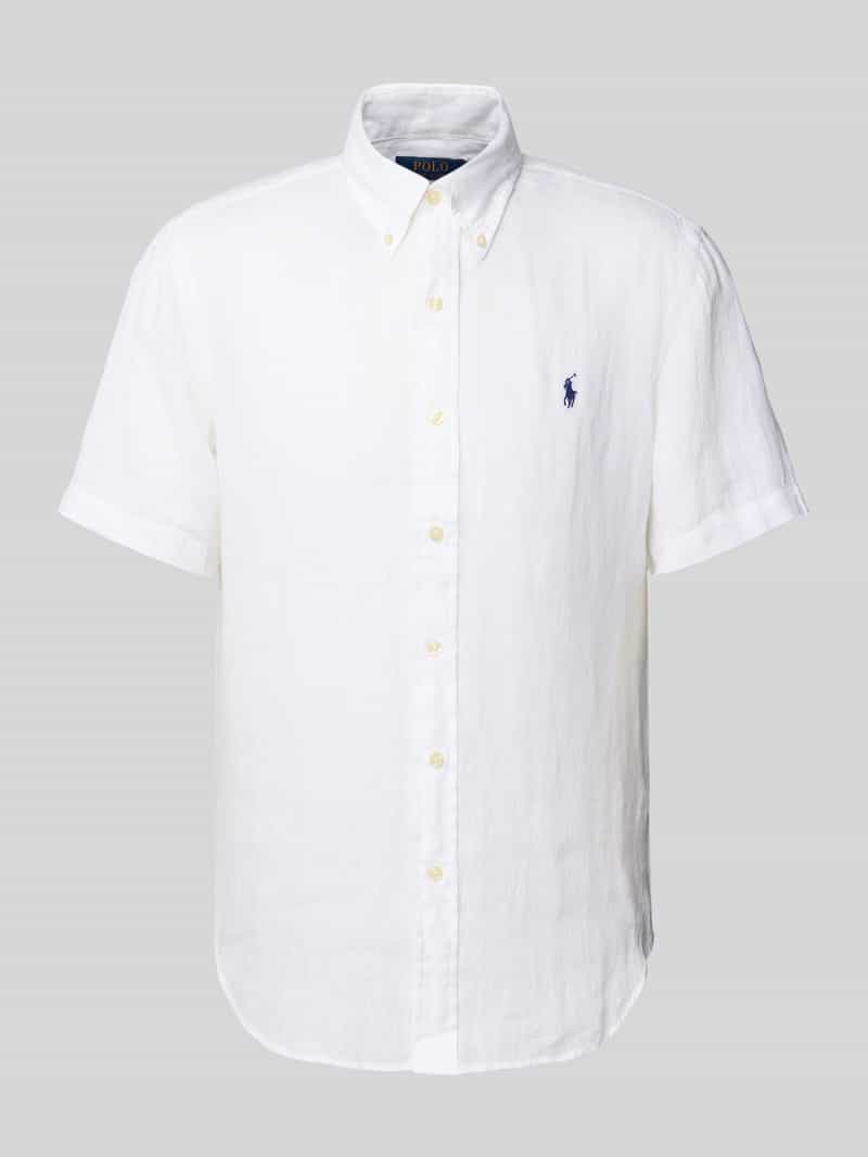 Koszula lniana o kroju custom fit z kołnierzykiem typu button down