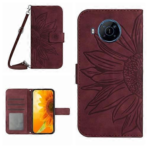 Goodcase Do Nokia X20 Skin Feel Sun Flower Pattern Skórzane etui na telefon z klapką ze smyczą Czerwone wino