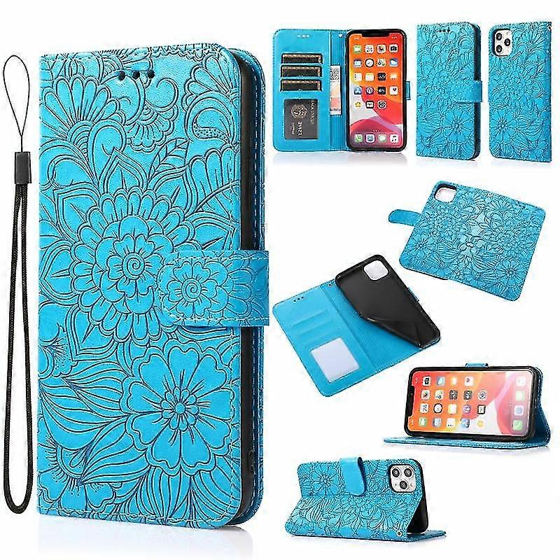 Yuysan Dla iPhone 12 Skin Feel Embossed Sunflower Horizontal Flip Leather Case z uchwytem i gniazdami na karty oraz portfelem i smyczą Niebieski