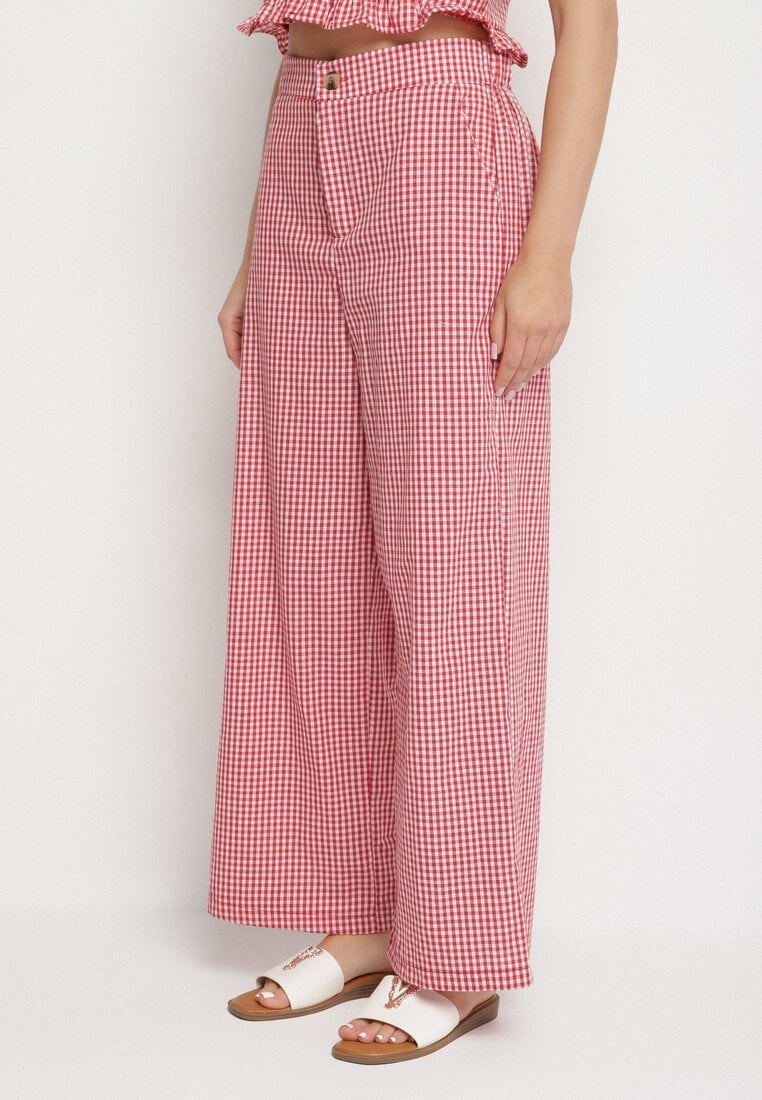 Czerwone Bawełniane Spodnie o Szerokim Kroju w Kratkę Vichy Iffora